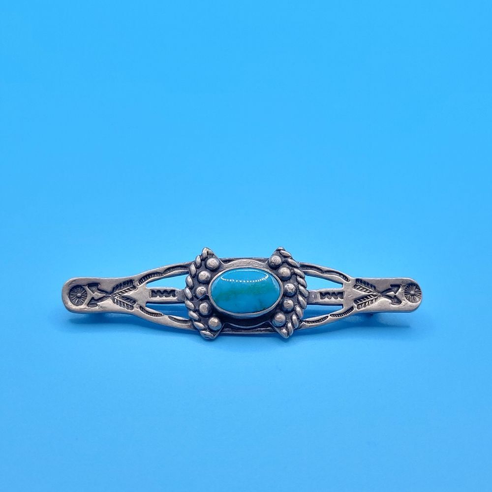Vintage Sterling Silver 2055 Turquoise Medium Long Oval Brooch - Picture 7 of 12